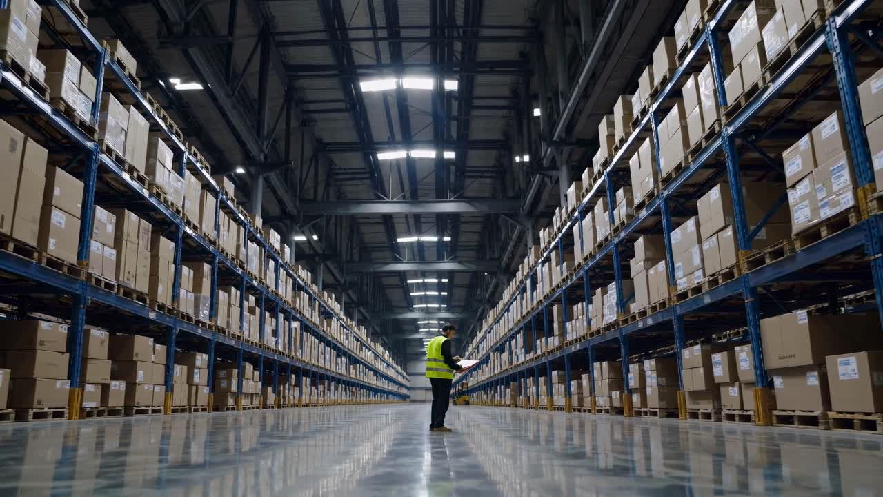Wide-angle shot of a vast warehouse interior, with towering shelves and a worker