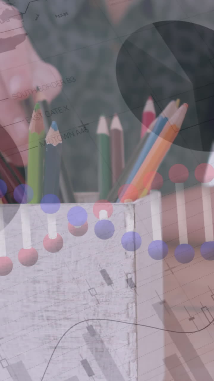 dna 가닥의 애니메이션, 통계 및 데이터 처리 사무실에서 컬러 연필을 사용하는 사람들에 대한