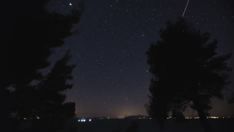 Timelapse-Noche-Estrella-Pinos-Cerca-Del-Mar-Panoramización-Halkidiki-Grecia