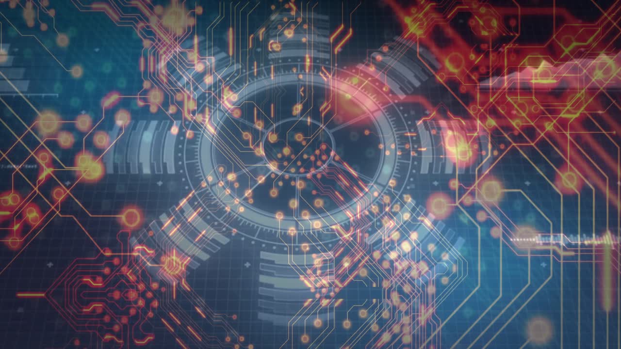 Edge orange traces touching ring, nodes glowing and circuits flowing toward hub, showing data flow