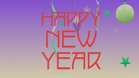 animation of happy new year text over decorations on purple background