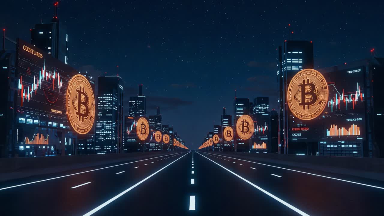 A Futuristic Cityscape Featuring Bitcoin Symbols and Digital Market Trends Illuminating the Night Sky, Representing the Rise of Cryptocurrency in Urban Landscapes