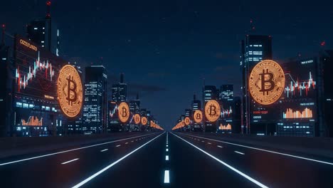 a futuristic cityscape featuring bitcoin symbols and digital market trends illuminating the night sky, representing the rise of cryptocurrency in urban landscapes