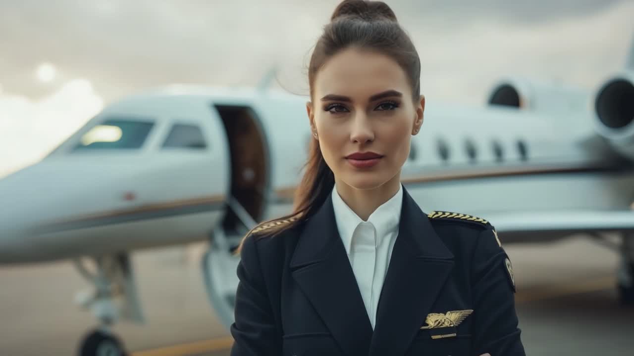 Female pilot in front of a private jet