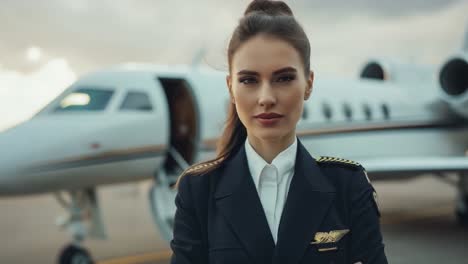 female pilot in front of a private jet