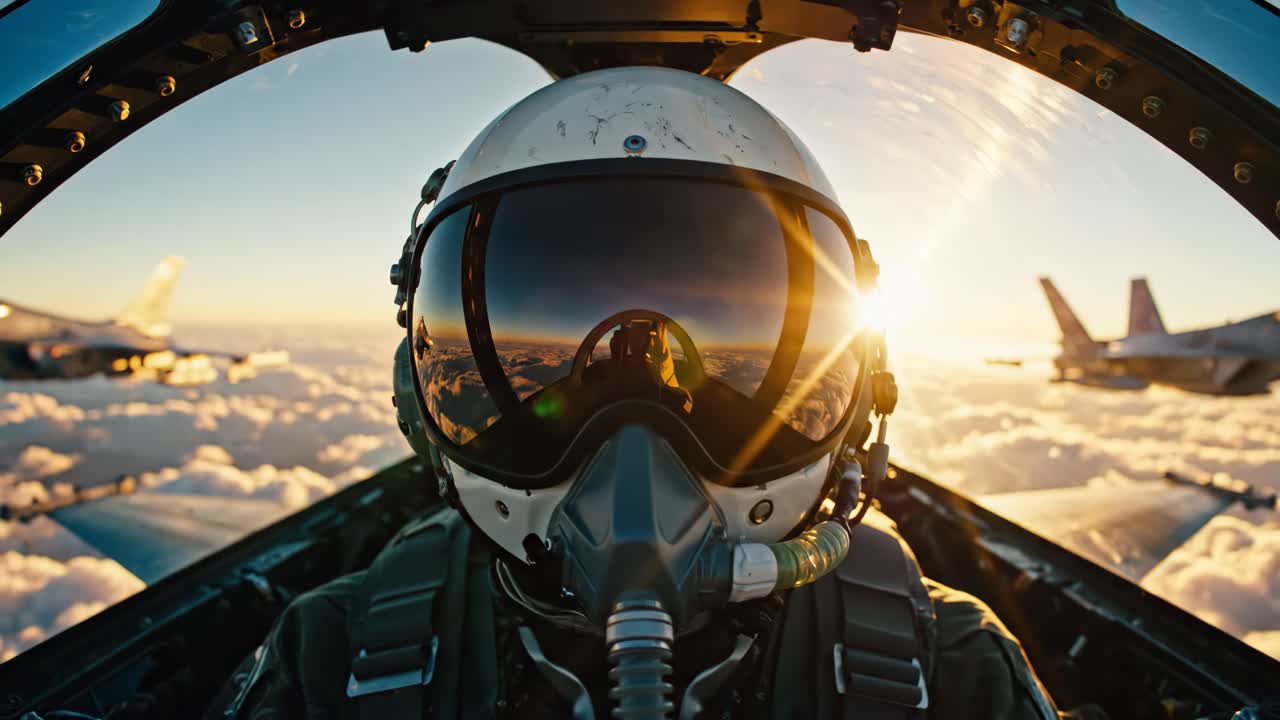Fighter Pilot in Cockpit at Sunrise