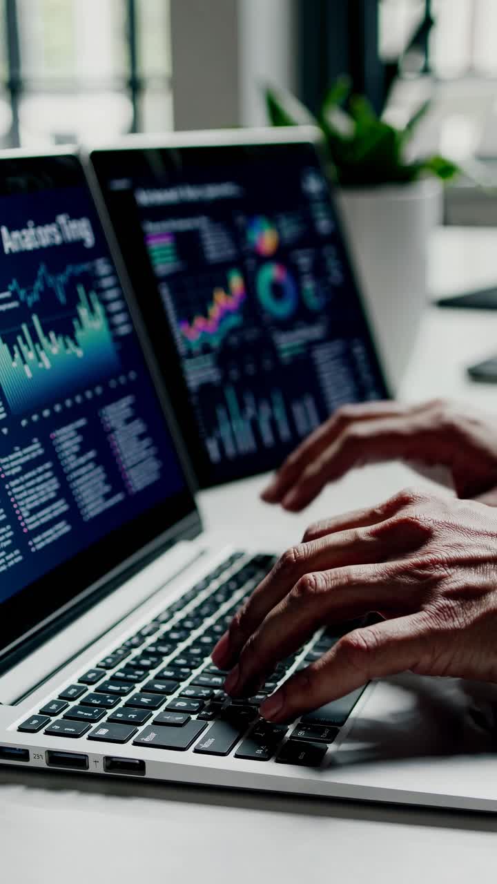 Close-up, side angle of hands typing on a laptop with financial graphs on screens