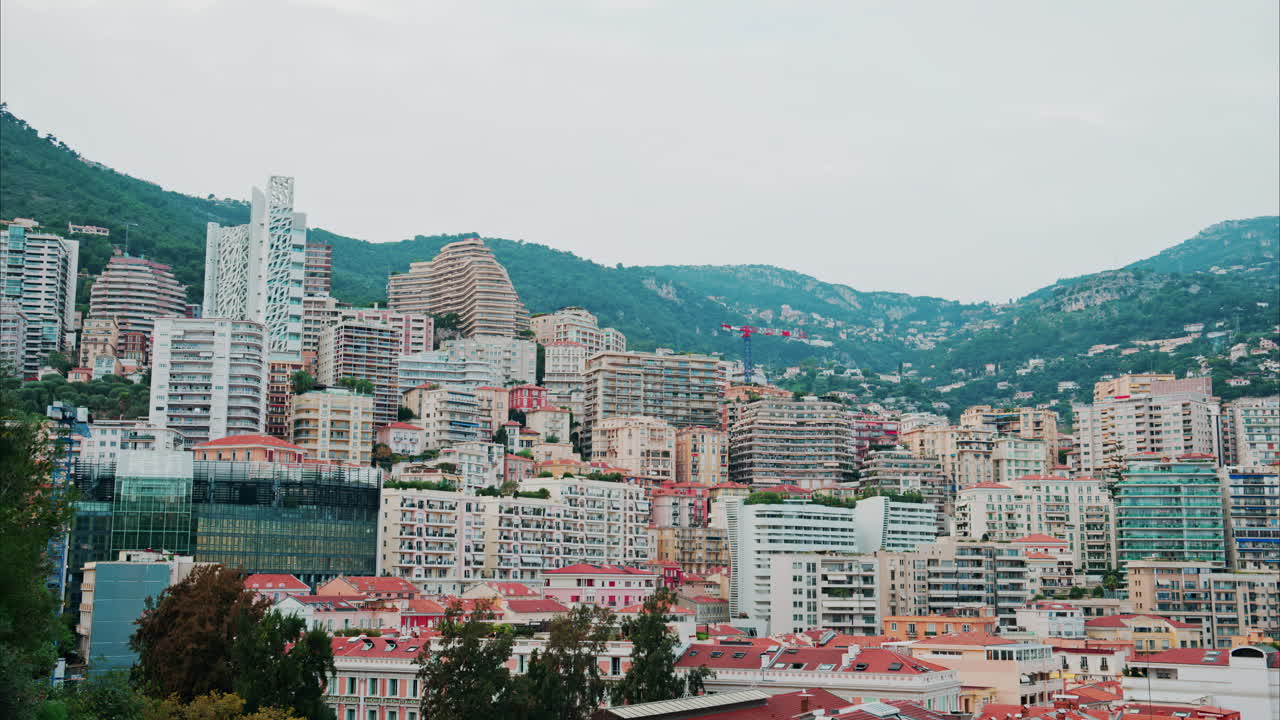Aerial view of buildings in the skyline of Monaco in daylight