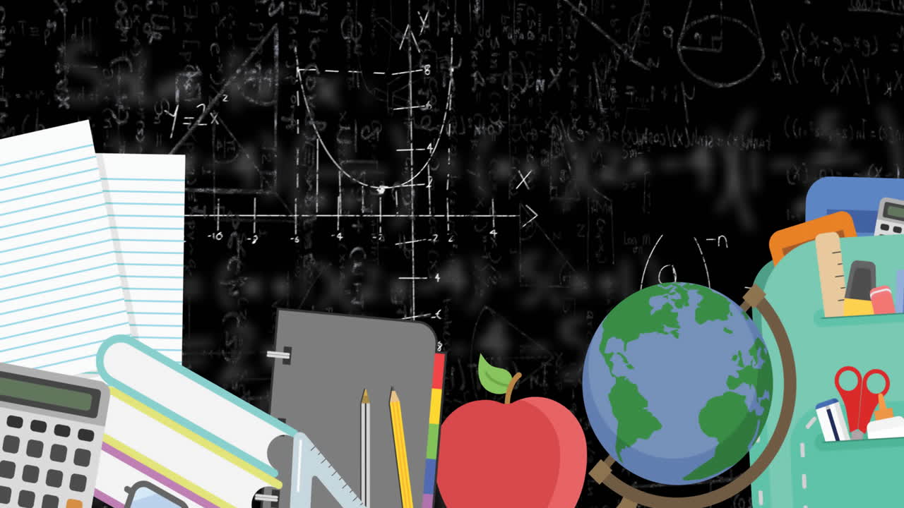 Animasi digital ikon-ikon konsep sekolah bergerak dengan latar belakang persamaan matematika di latar belakang hitam
