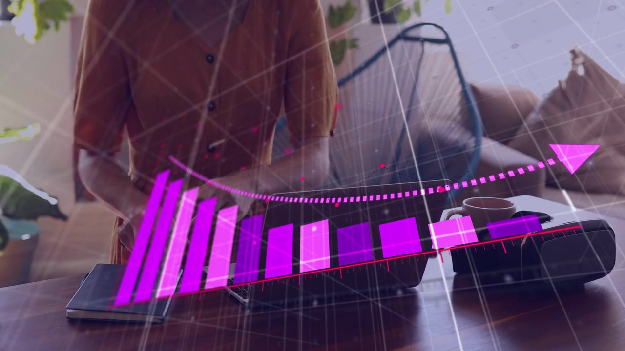 Remote woman tapping laptop and flipping notes causing purple bars rising and showing sales growth