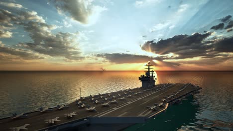 Aircraft Carrier Warship Battleship In The Ocean Navy, Sunset Time