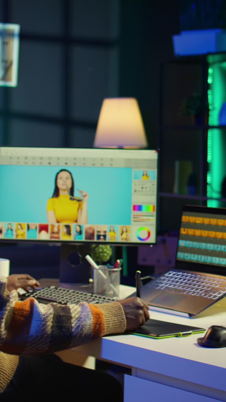 Vertical Video Remote graphic designer using advanced editing software and isolated display