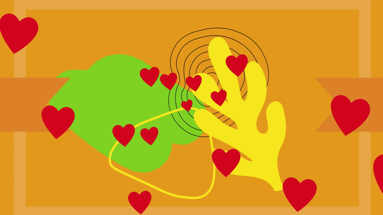 animación de ilustración de formas de hojas abstractas verdes y amarillas con corazones rojos en naranja