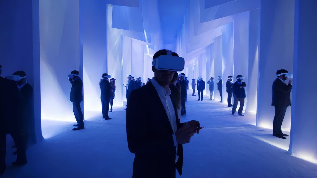 Immersive Virtual Reality Experience in a Futuristic Space with Participants Wearing Headsets, Engaging in a Cutting-Edge Technological Environment Surrounded by Ambient Lighting