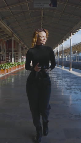 woman photographer at a train station