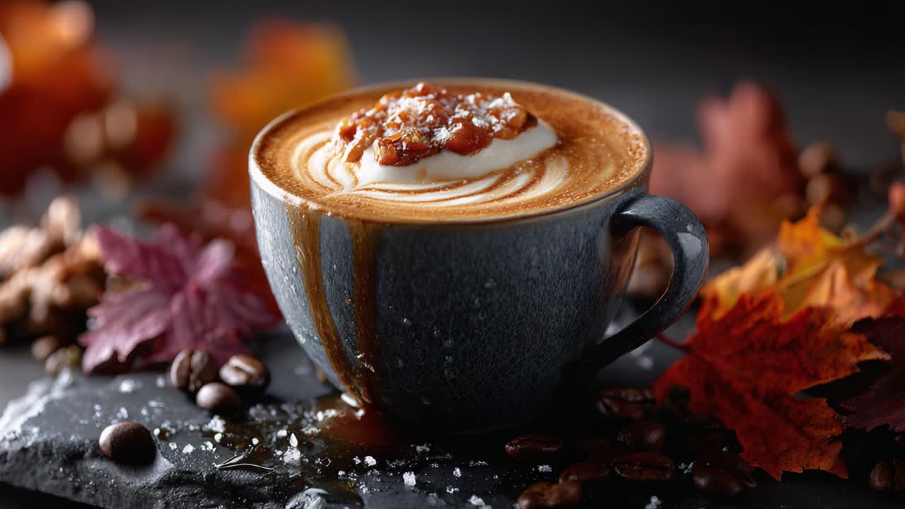 Indulge in Autumn's Warm Embrace with This Luxuriously Creamy Coffee Cup Overflowing with Flavor and Topped with Swirls of Whipped Cream and a Charming Fall Backdrop