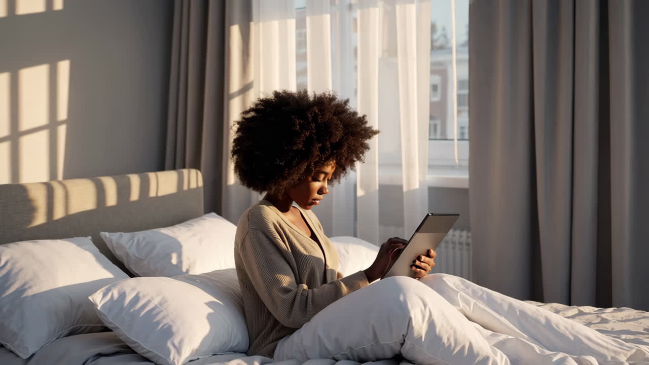 Giovane donna che si rilassa a letto con un tablet alla luce del sole