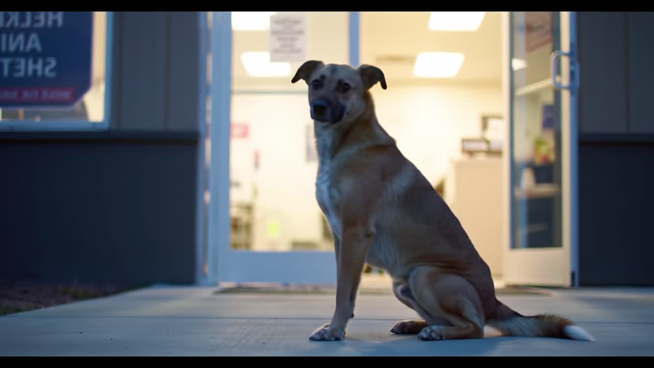 A Melancholic Dog Awaiting Inside a Faded Storefront at Dusk, Capturing the Essence of Loyalty and Anticipation in a Quiet, Urban Landscape