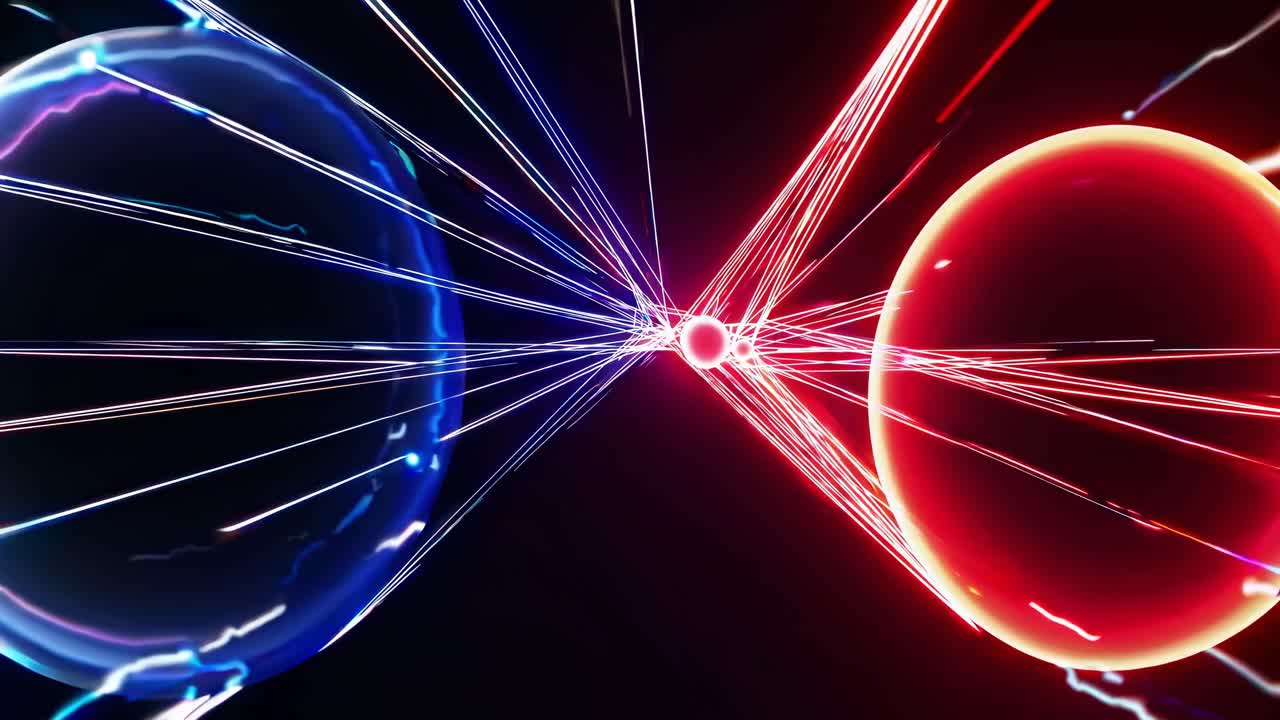 Luminous blue white energy orbs pulsating, interweaving quantum entanglement dynamics through dynamic light interactions against stark black background, representing complex scientific connectivity