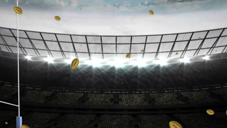 Animation-of-yellow-rugby-balls-with-australia-text-at-stadium