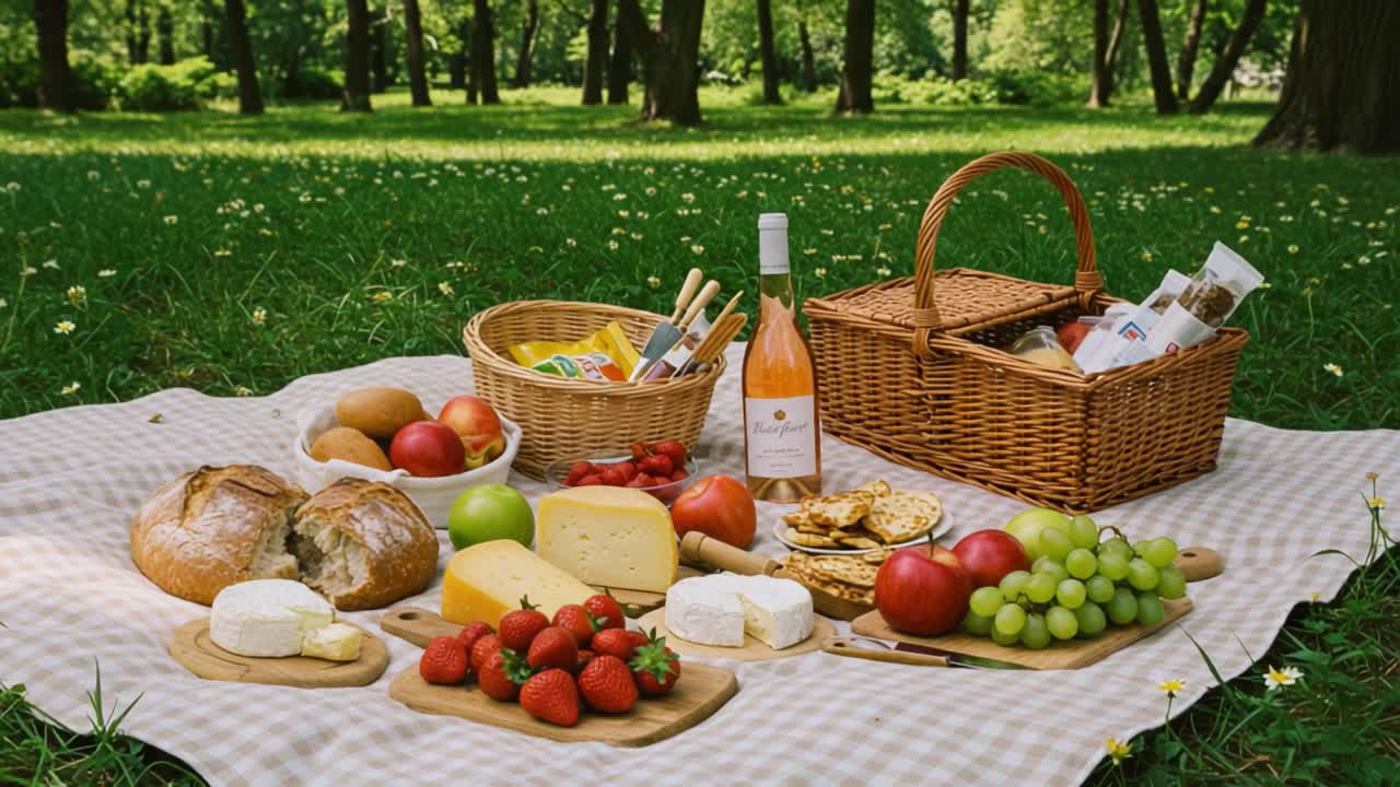 A Cozy Summer Picnic Spread with Fresh Fruits, Cheeses, Breads, and Refreshing Drinks Amidst Lush Greenery, Perfect for Enjoying Nature and Delicious Food Together