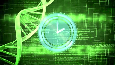 Animation-of-ticking-clock-and-dna-structures-over-data-processing-against-green-background