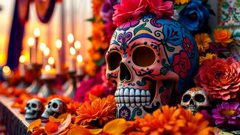 day of the dead altar with sugar skulls and flowers