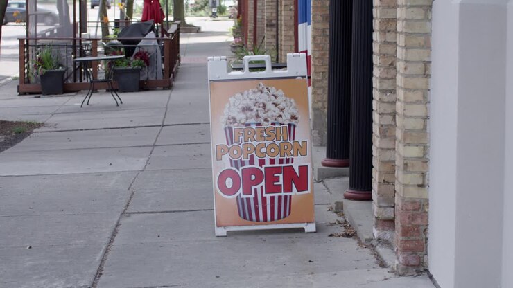 Fresh Popcorn sign outside Cravings Gourmet Popcorn store in Lansing, Michigan Old Town district with stable establishing shot