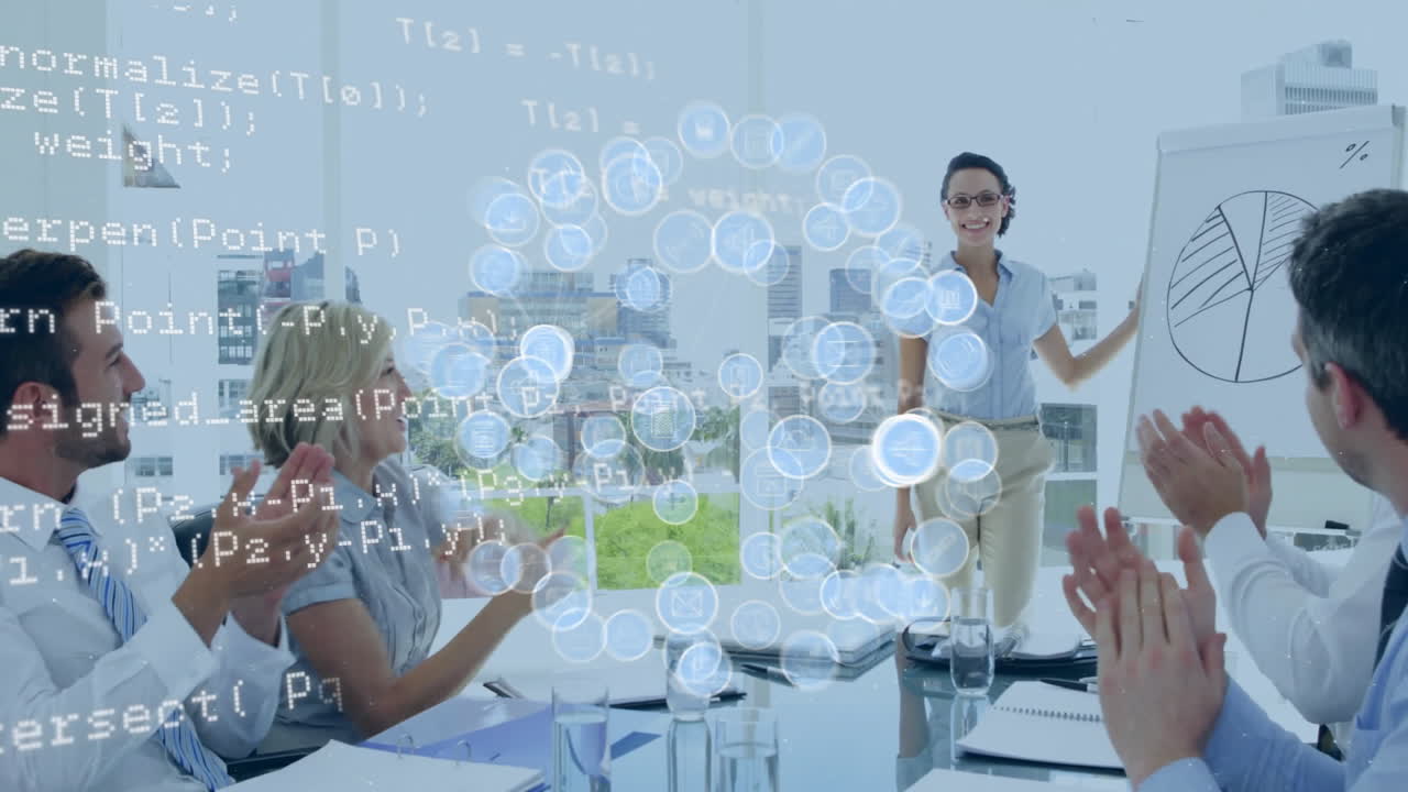 오피스의 다양한 비즈니스 사람들 위에서 아이콘 네트워크와 데이터 처리의 애니메이션