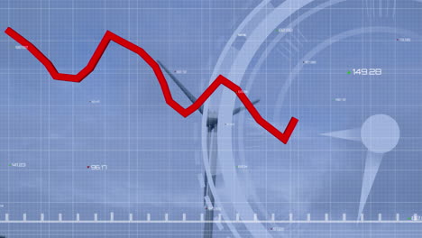 Animation-of-red-line,-clock-and-data-processing-over-wind-turbines