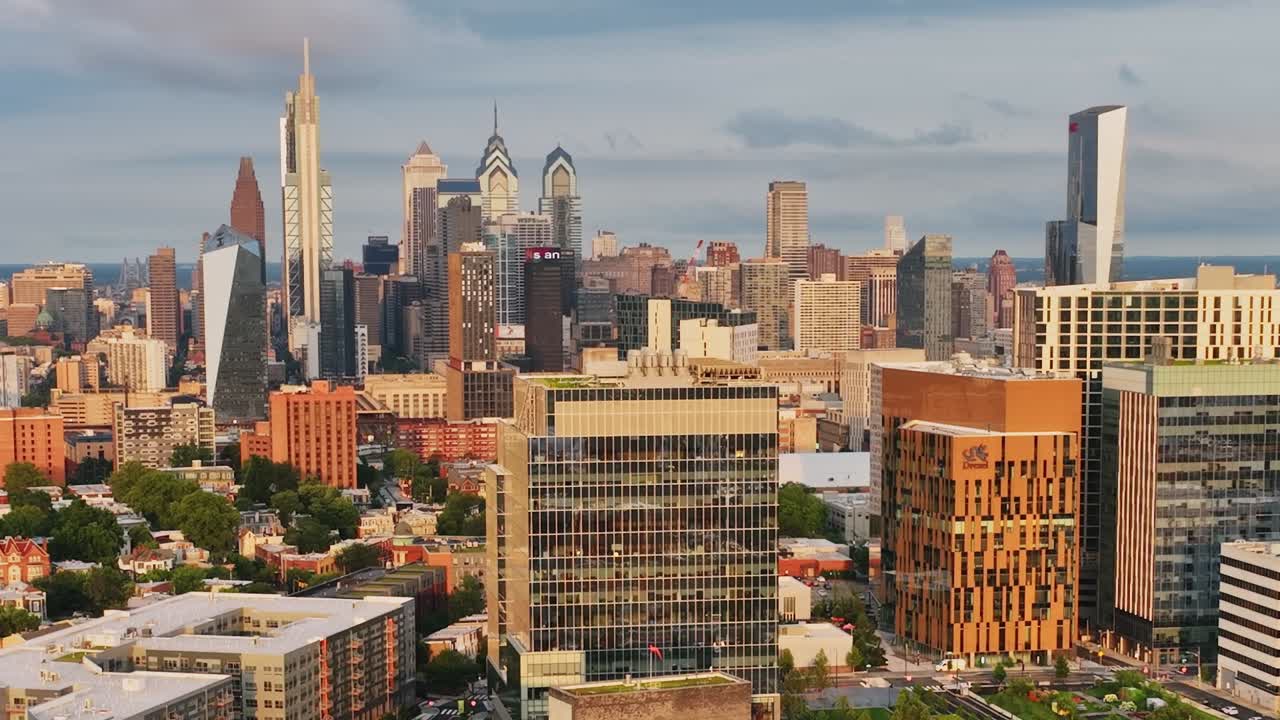 Beautiful aerial view of Philadelphia skyline during sunset