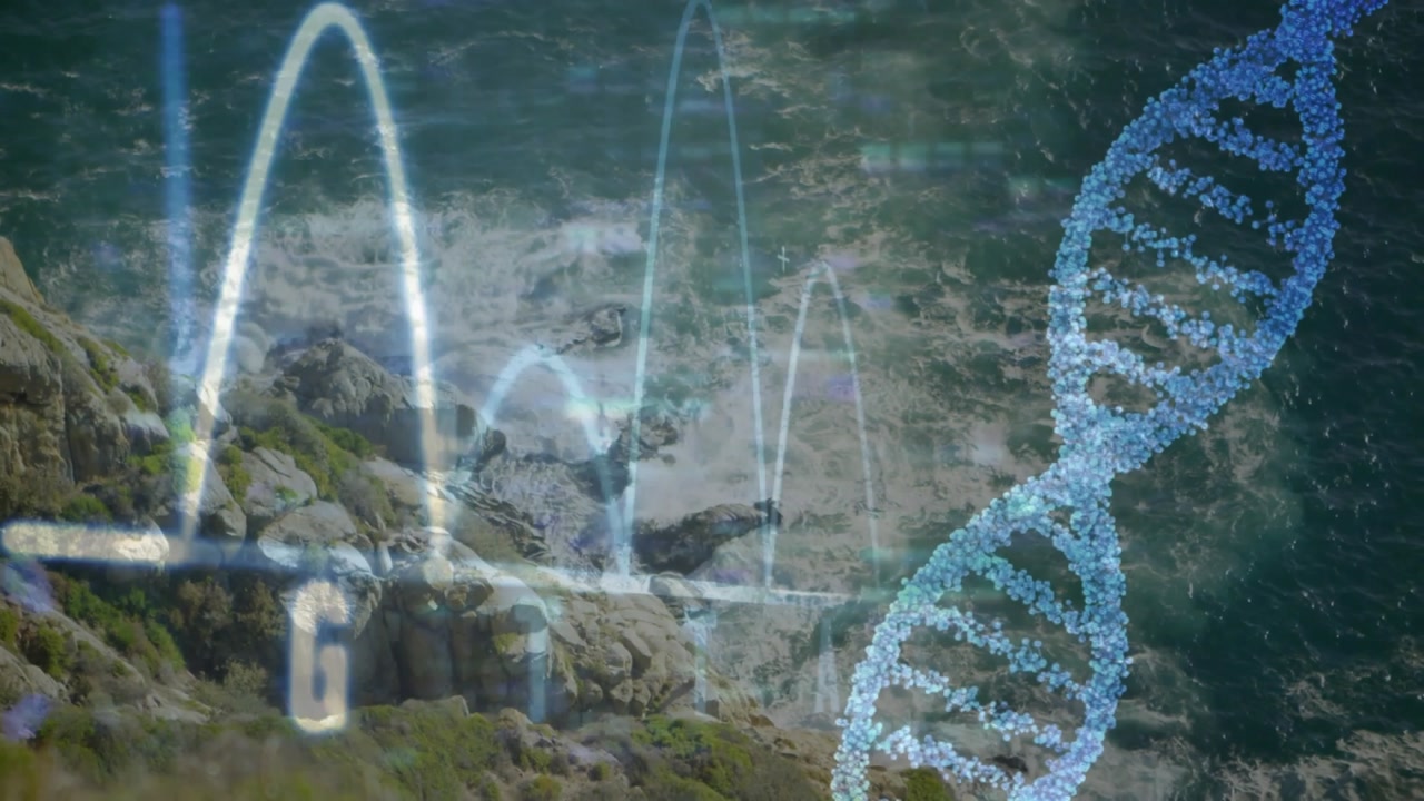 Showing rocky coastline with breaking waves at shoreline, with lit waveform arcs and blue DNA helix