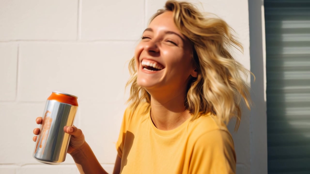 Young Woman Laughing and Drinking from a Can Outdoors