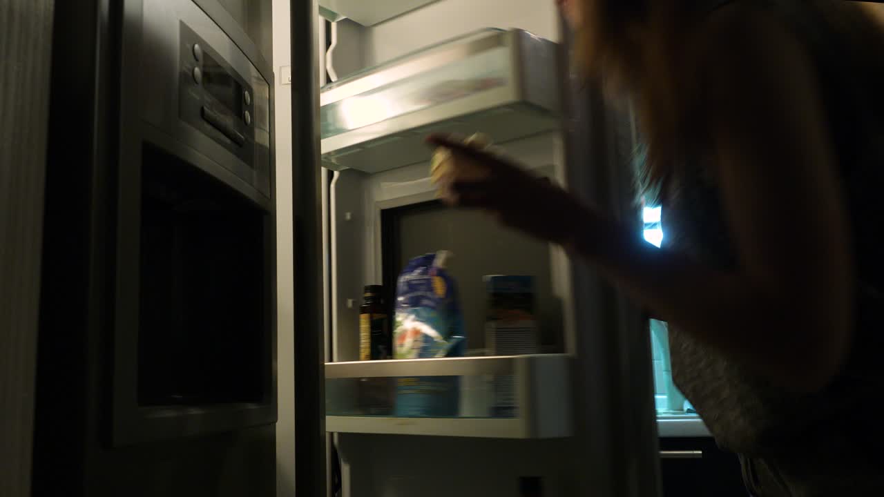 adolescentes mirando en un refrigerador por la noche