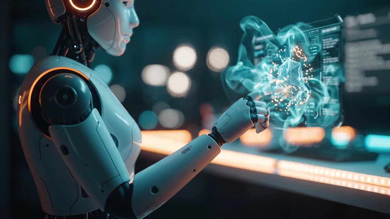 Futuristic Robot Interacting with Digital Interface in a Neon-Illuminated Lab Setting, Showcasing Advanced Technology and Artificial Intelligence