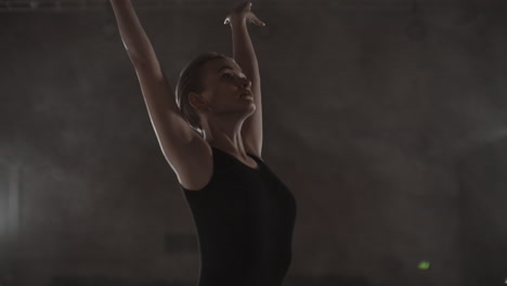 graceful woman ballerina in a dark dress on a dark stage of the theater in the smoke performs dance moves in slow motion.