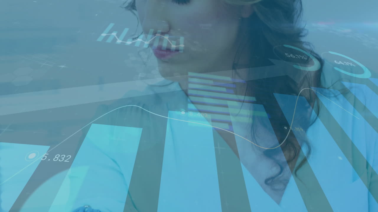 female nurse in teal scrubs and stethoscope analyzing animated health bar chart and line graph