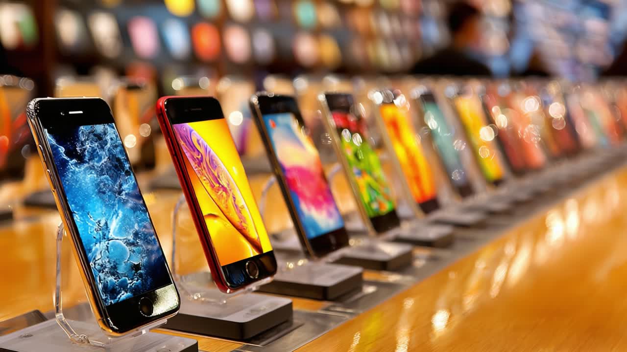 A Vibrant Array of Modern Smartphones Displayed Elegantly in a Retail Store, Showcasing Their Stunning Screens and Sleek Designs Against a Colorful Backdrop