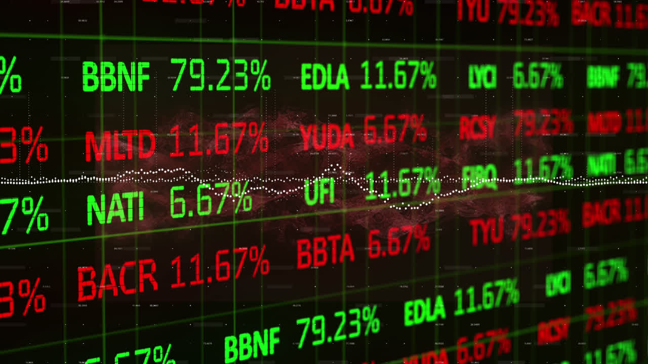 Animazione di elaborazione di dati finanziari e statistiche su sfondo nero