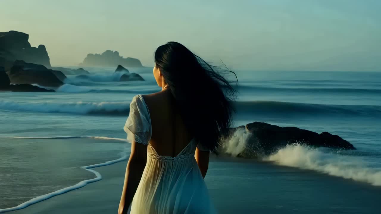 A serene video scene with a woman in a flowing dress, viewed from behind, standing on a beach