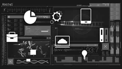 Processing data with digital interface elements over technological background