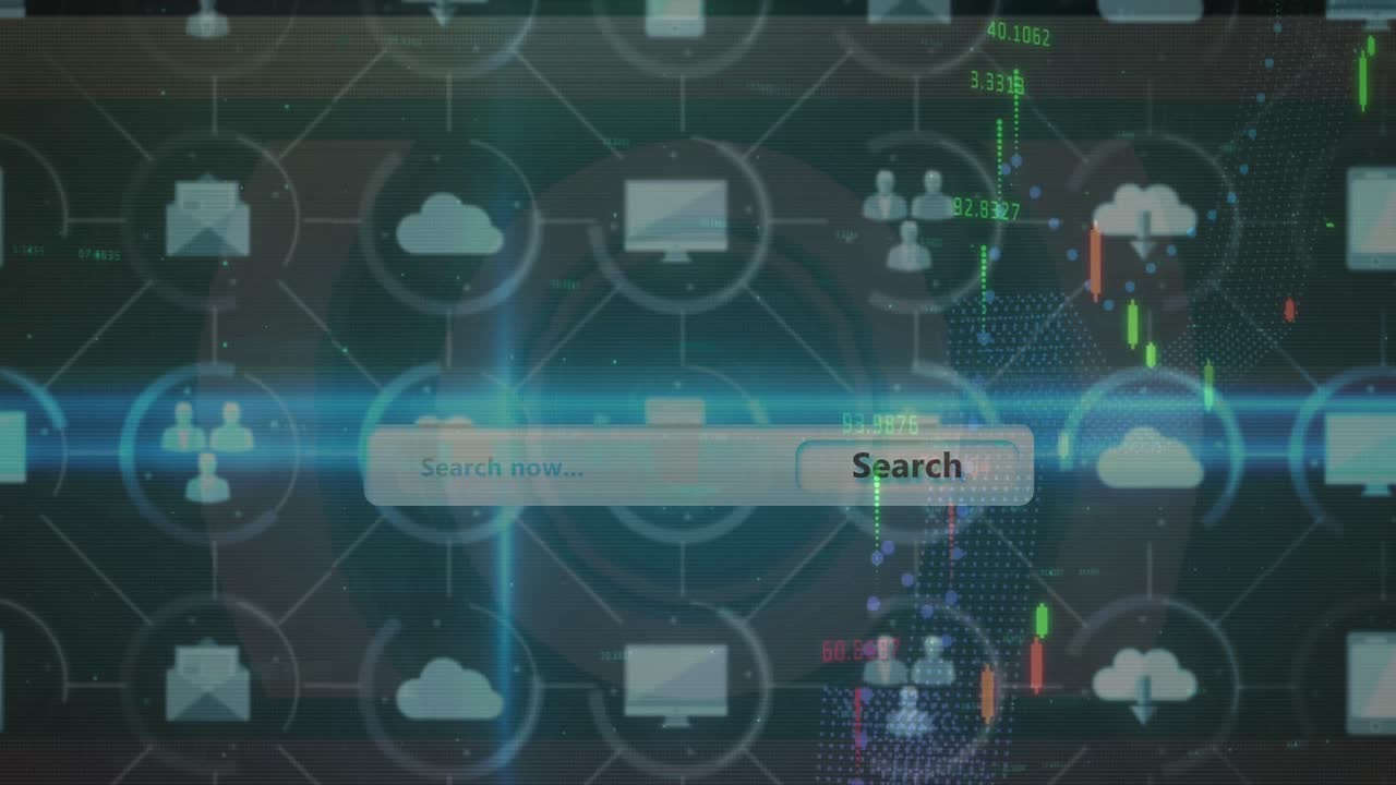 Animation of network of connections with icons and data processing