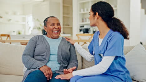 Senior-care,-old-woman-and-caregiver-on-sofa