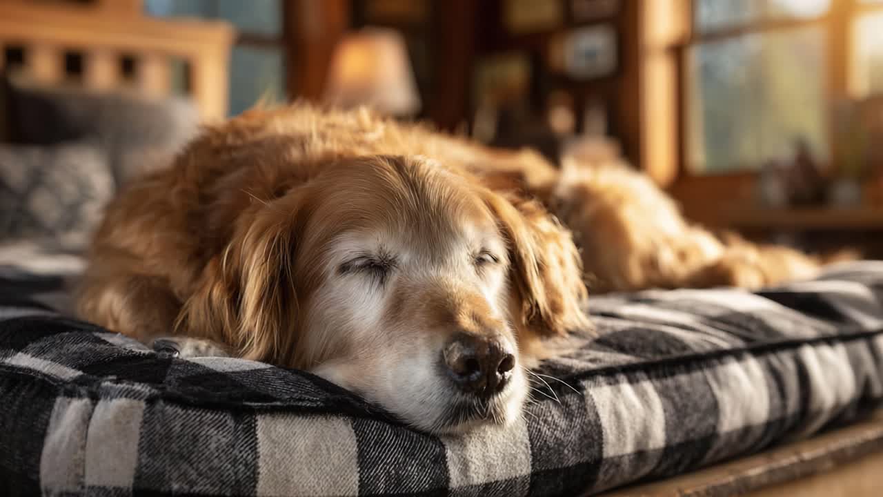 A Golden Retriever Enjoying a Peaceful Nap on a Cozy Plank Bed with Flannel Cushion, Surrounded by a Warm and Inviting Atmosphere