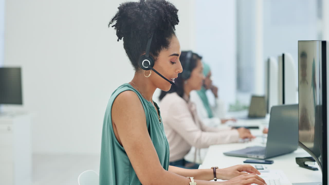 Computer, telemarketing or black woman in call