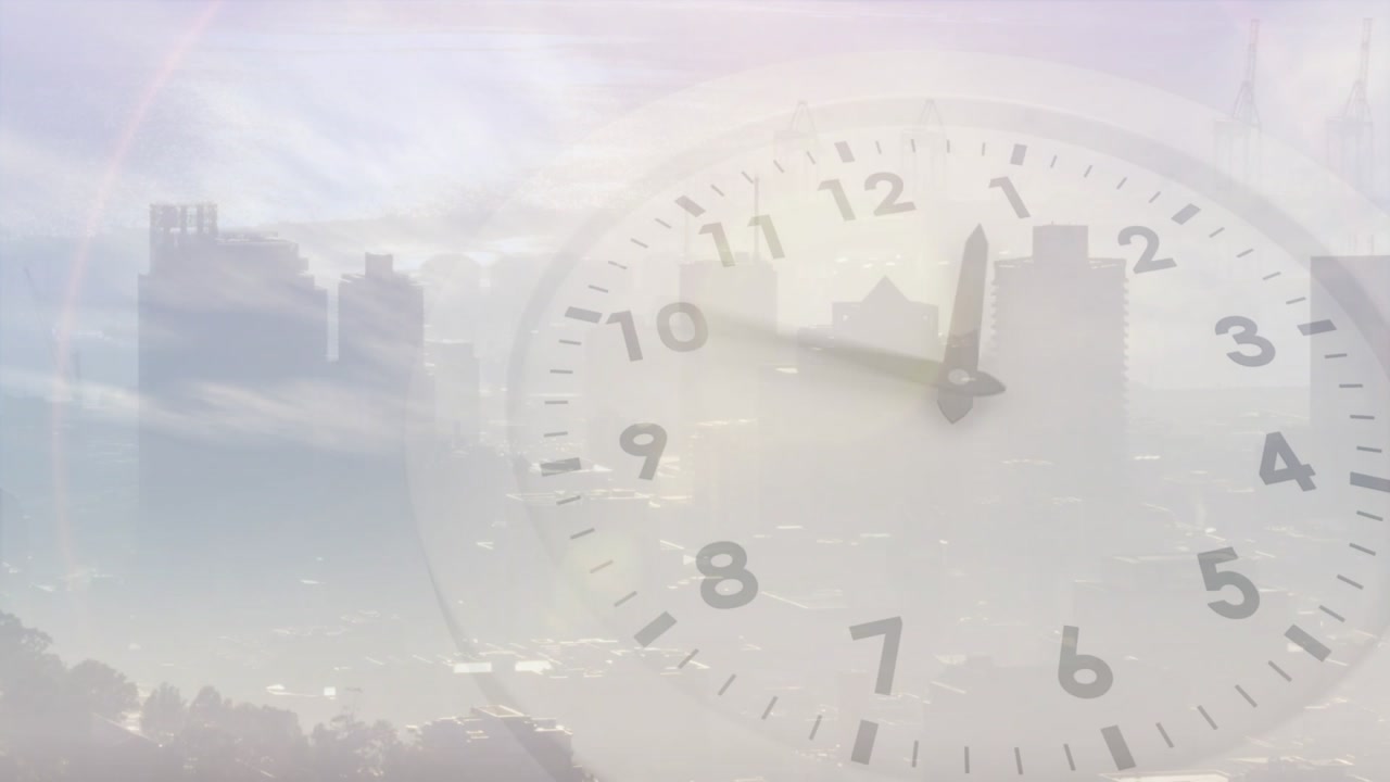 On start clock face moving clockwise over skyline, clouds shifting to show layered times
