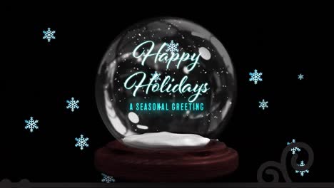 Animation-of-snow-and-light-spots-over-snow-globe-with-happy-holidays-text-on-black-background