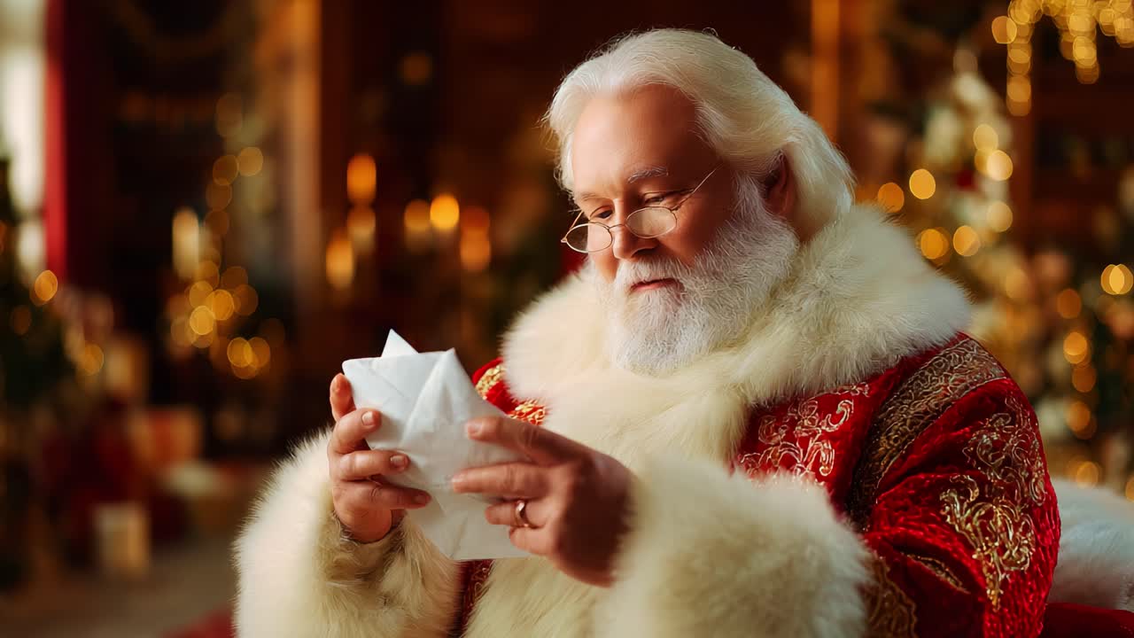 A Thoughtful Santa Claus Dressed in Festive Red and White Fur Coat Examining a Letter with Care, Surrounded by Warm Holiday Ambience and Beautiful Decorations in a Cozy Setting