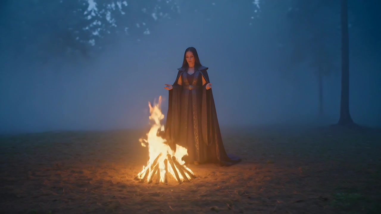 Falò tremolante, donna che compie gesti rituali sopra le fiamme in una radura nebbiosa, con mantello e veste.
