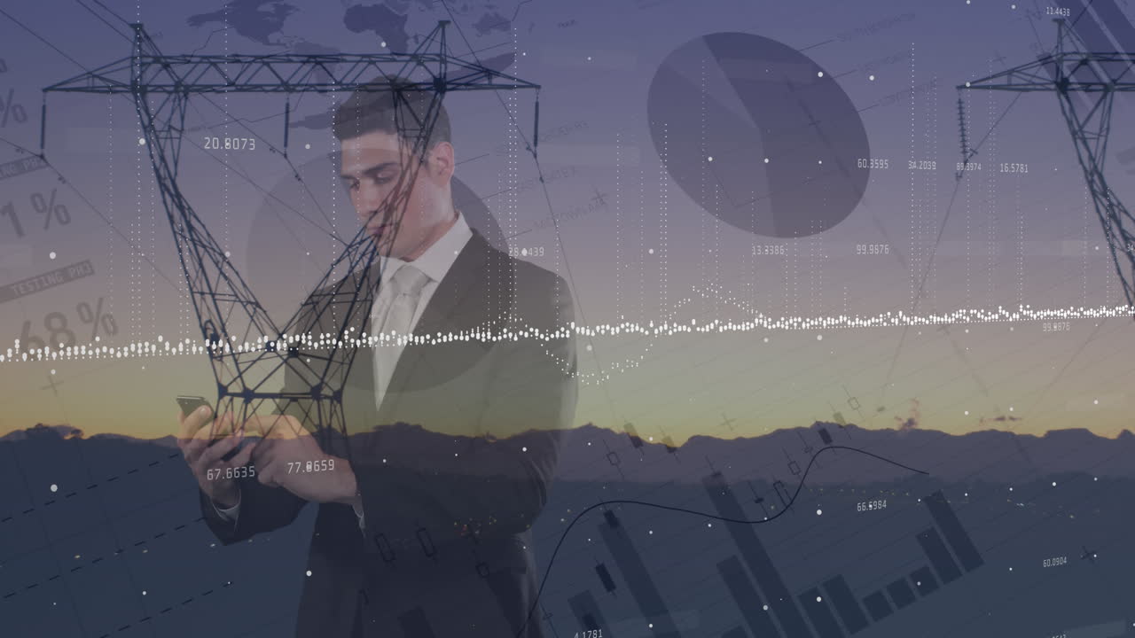 animación del procesamiento de datos financieros sobre un empresario caucásico que usa un teléfono inteligente